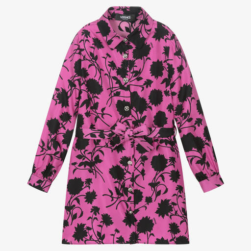 Versace-Girls Pink & Black Floral Silk Dress | Childrensalon Outlet