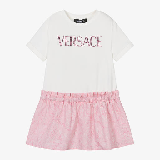Versace-Розовое хлопковое платье с принтом Barocco для девочек | Childrensalon Outlet