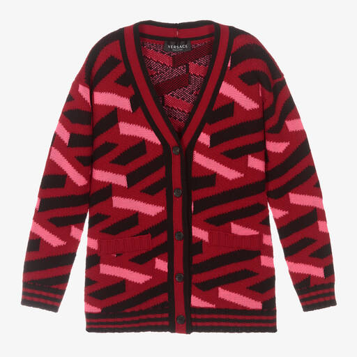 Versace-Cardigan rouge en laine La Greca | Childrensalon Outlet