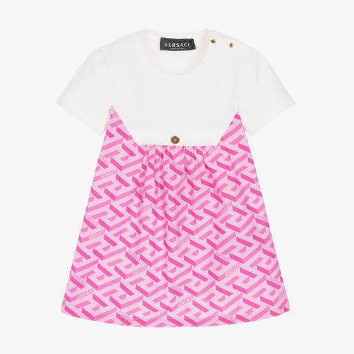 Versace-Girls White & Pink La Greca Logo Dress  | Childrensalon Outlet
