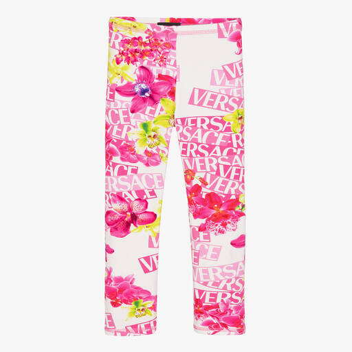 Versace-Girls White & Pink Orchid Print Leggings | Childrensalon Outlet