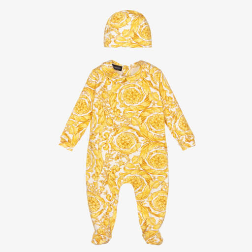 Versace-Gold Barocco Babygrow & Hat Set | Childrensalon Outlet