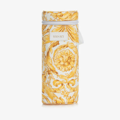Versace-حقيبة لزجاجة الإرضاع لون أبيض وذهبي بطبعة الباروك (21 سم) | Childrensalon Outlet