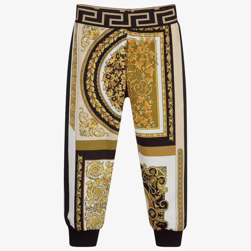 Versace-Золотистые хлопковые спортивные брюки с принтом Barocco | Childrensalon Outlet