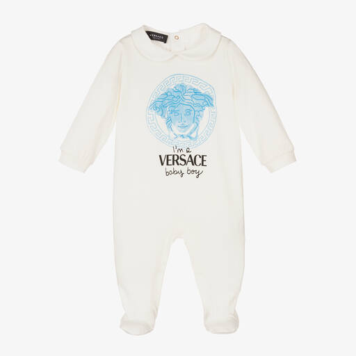 Versace-Ivory & Blue Logo Babysuit | Childrensalon Outlet