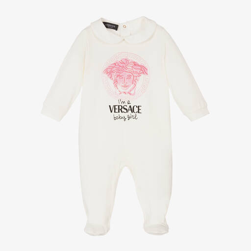 Versace-Ivory & Pink Logo Babysuit | Childrensalon Outlet