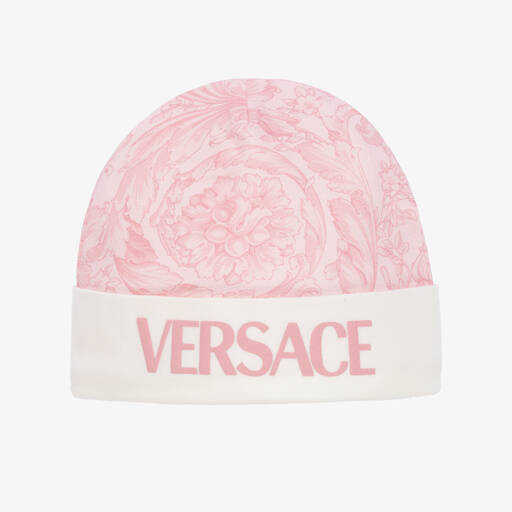 Versace-قبعة قطن جيرسي لون زهري وأوف وايت بطبعة باروك | Childrensalon Outlet