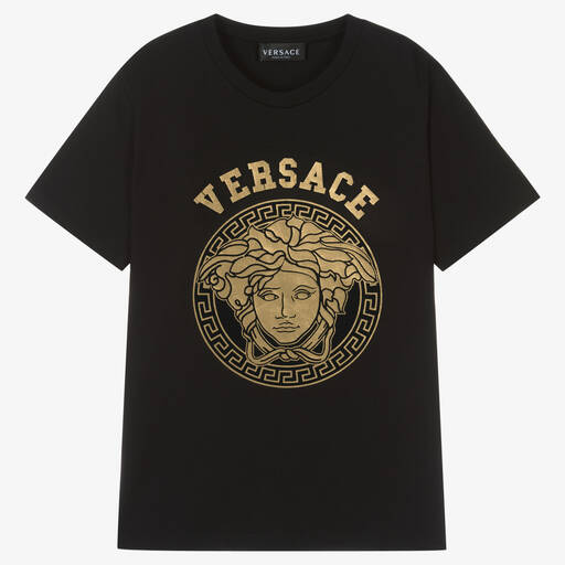 Versace-تيشيرت تينز قطن جيرسي لون أسود وذهبي | Childrensalon Outlet
