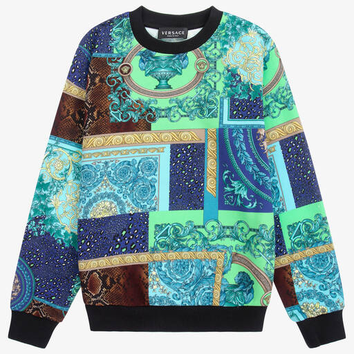 Versace-سويتشيرت قطن لون أزرق بطبعة باروك | Childrensalon Outlet