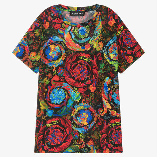 Versace-تيشيرت تينز ولادي قطن جيرسي لون أسود بطبعة الباروك | Childrensalon Outlet