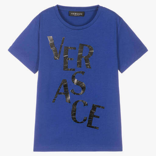 Versace-Синяя футболка с черным логотипом  | Childrensalon Outlet