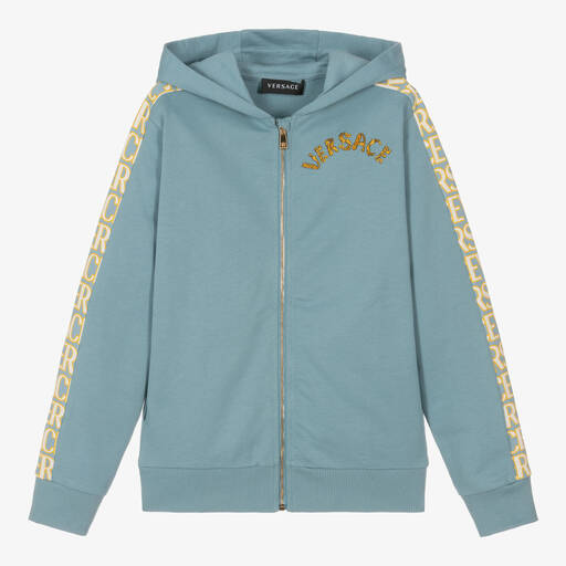 Versace-توب هودي بسحّاب تينز ولادي قطن لون أزرق | Childrensalon Outlet