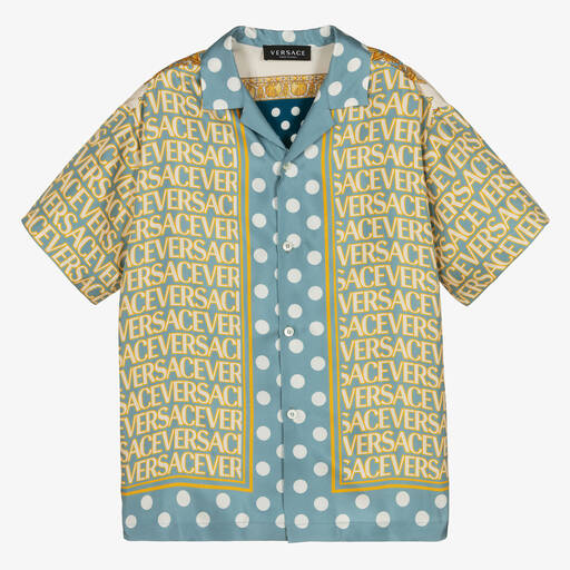 Versace-Золотисто-голубая рубашка из шелка с принтом Barocco | Childrensalon Outlet