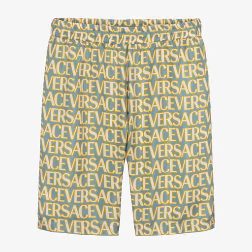 Versace-Short bleu et doré en soie ado garçon | Childrensalon Outlet