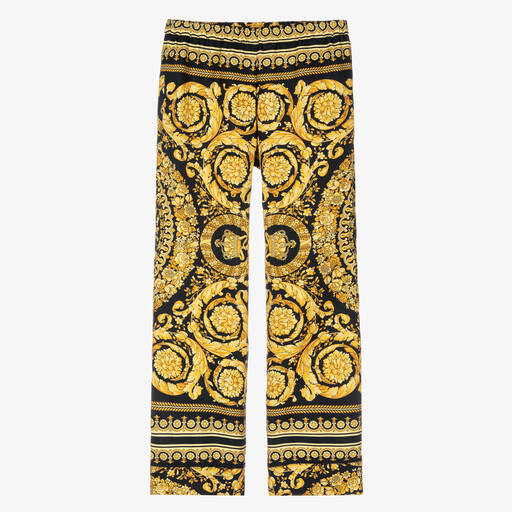 Versace-Черно-золотистые шелковые брюки с принтом Barocco  | Childrensalon Outlet