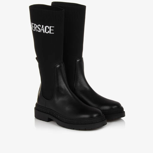 Versace-Teen Girls Black Leather & Knit Greca Boots | Childrensalon Outlet