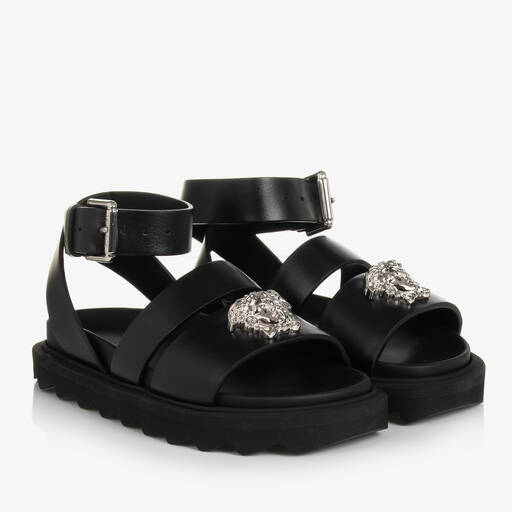 Versace-Teen Girls Black Leather Medusa Sandals | Childrensalon Outlet