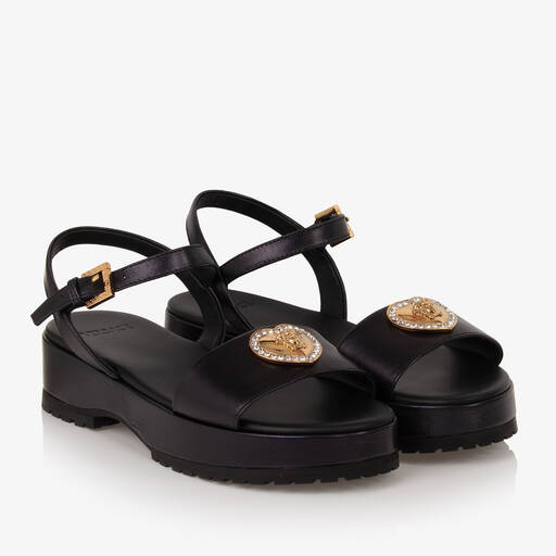 Versace-صندل جلد لون أسود للمراهقات | Childrensalon Outlet