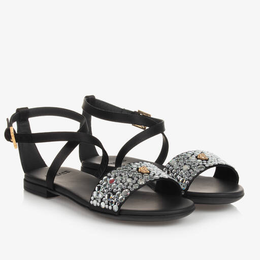 Versace-صندل فيسكوز ساتان وجلد لون أسود للمراهقات | Childrensalon Outlet