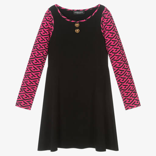 Versace-Robe noire et rose Greca Ado | Childrensalon Outlet