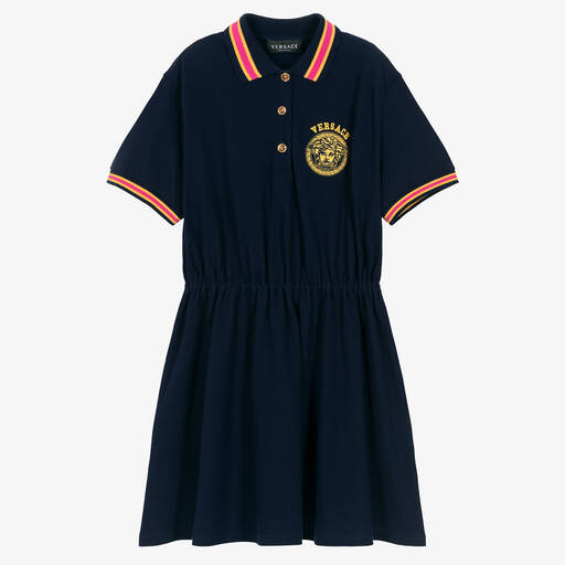 Versace-فستان تينز بناتي قطن بيكيه لون كحلي | Childrensalon Outlet