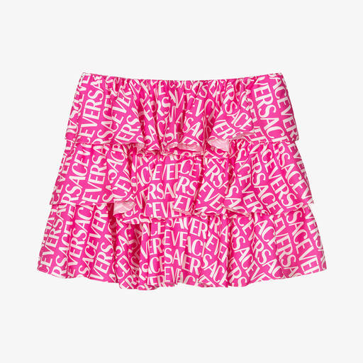 Versace-Teen Girls Pink Logo Satin Ruffle Skirt | Childrensalon Outlet