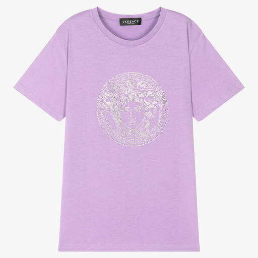 Versace-تيشيرت تينز بناتي قطن لون بنفسجي بنقشة ميدوسا | Childrensalon Outlet