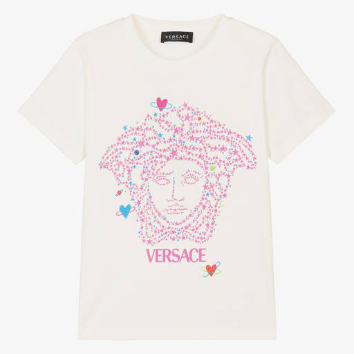 Versace-تيشيرت تينز بناتي قطن لون أبيض بطبعة ميدوسا | Childrensalon Outlet