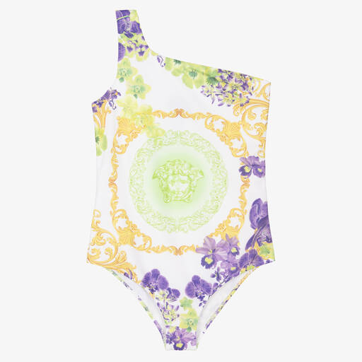 Versace-Weißer Teen Medusa Badeanzug mit Orchideen-Print | Childrensalon Outlet