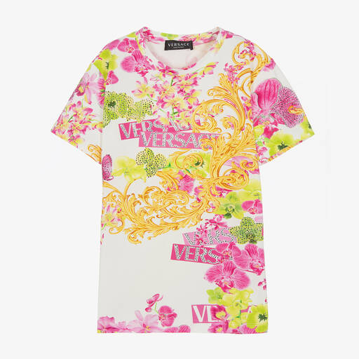 Versace-Teen Girls White Orchid Logo T-Shirt  | Childrensalon Outlet