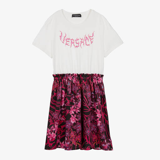 Versace-فستان قطن لون أبيض وزهري بطبعة الباروك | Childrensalon Outlet