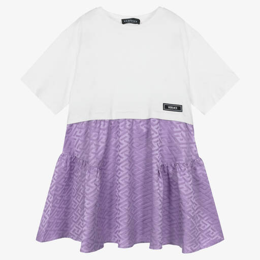 Versace-Teen Girls White & Purple Greca Signature Dress | Childrensalon Outlet