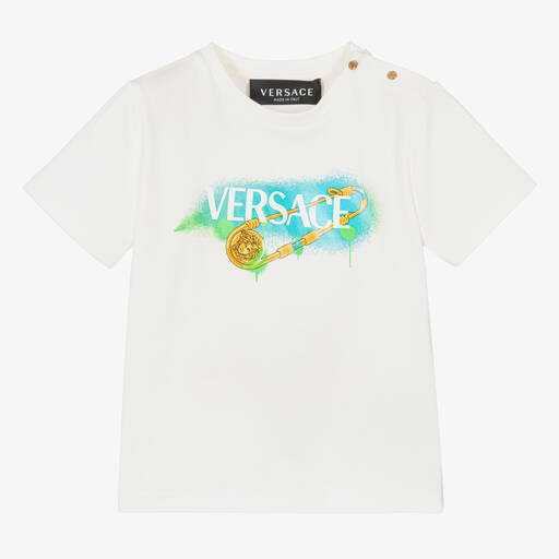 Versace-White Cotton Safety Pin Logo Baby T-Shirt | Childrensalon Outlet