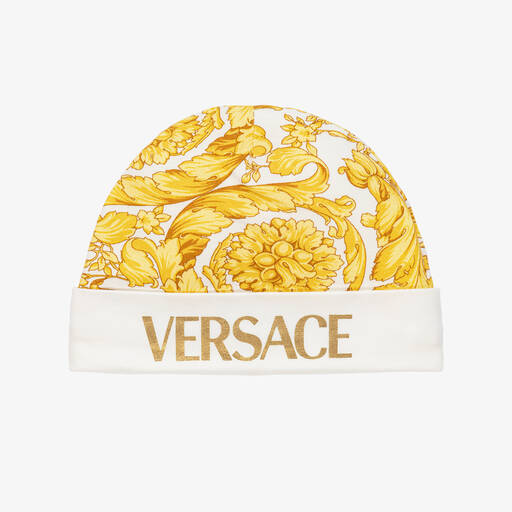 Versace-Бело-золотистая шапочка с принтом Barocco | Childrensalon Outlet