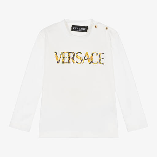 Versace-توب قطن لون أبيض وذهبي بطبعة باروك | Childrensalon Outlet