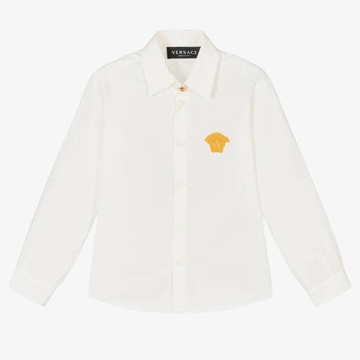 Versace-White & Gold Embroidered Medusa Shirt | Childrensalon Outlet