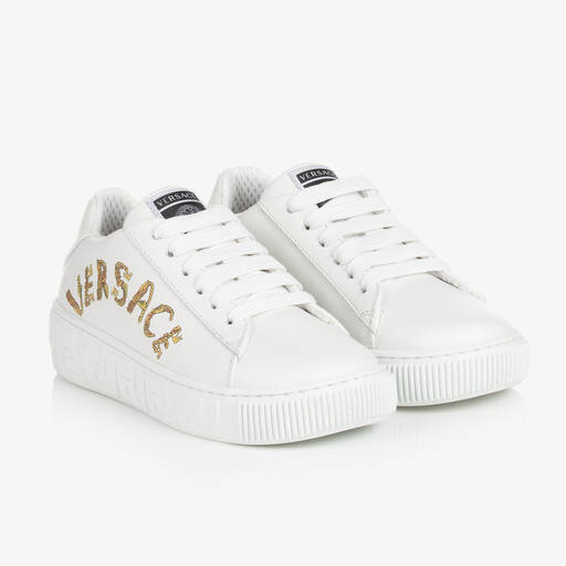 Versace-White & Gold Leather Lace-Up Trainers | Childrensalon Outlet
