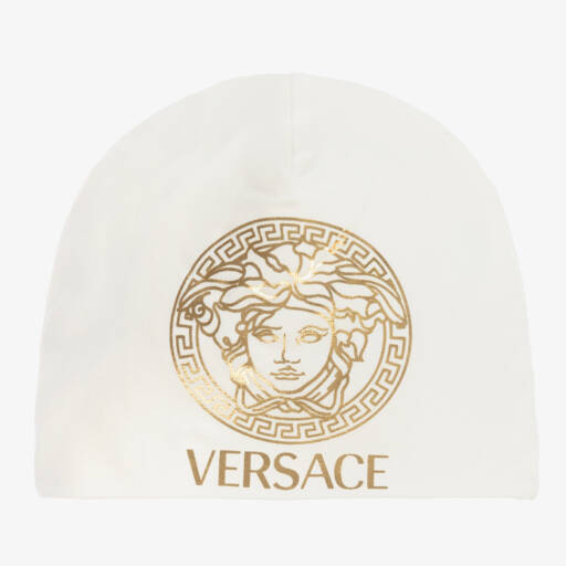 Versace-White & Gold Medusa Logo Baby Hat | Childrensalon Outlet