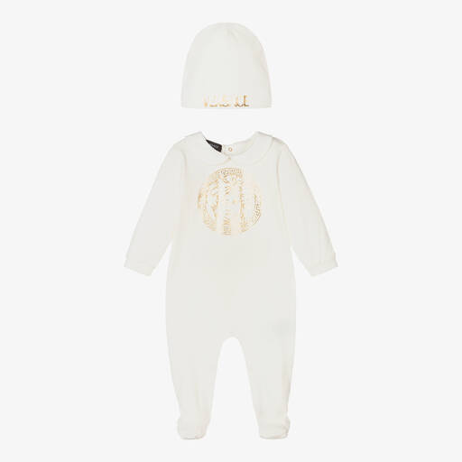 Versace-طقم هدية أفرول بيبي غرو قطن جيرسي لون أبيض للأطفال | Childrensalon Outlet