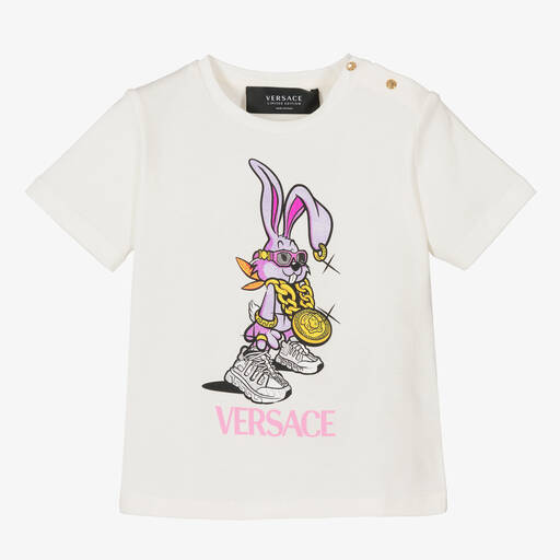 Versace-Baby-Hasen-T-Shirt in Weiß & Rosa | Childrensalon Outlet