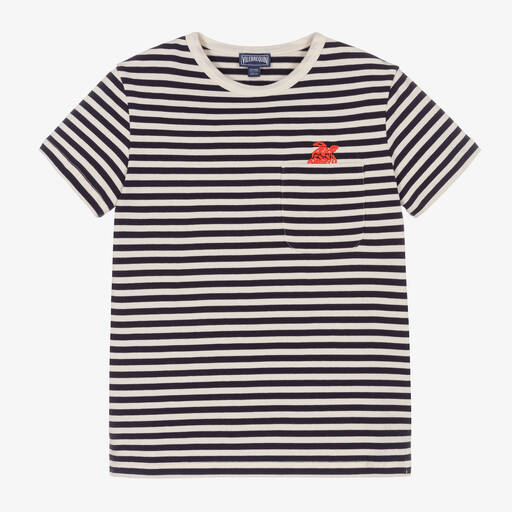 Vilebrequin-Teen Boys Blue & Ivory Cotton T-Shirt  | Childrensalon Outlet