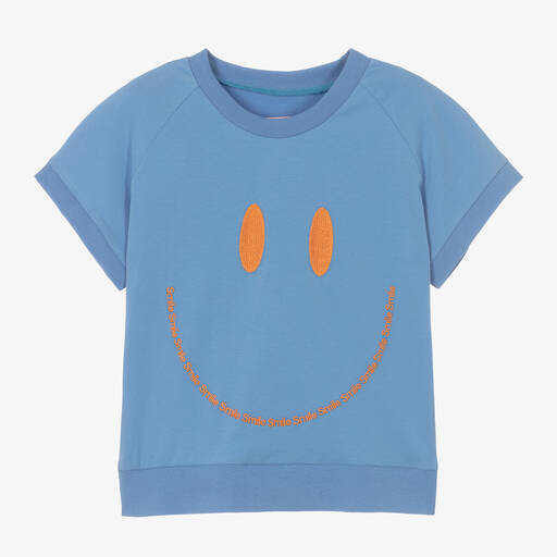 Wauw Capow-Blaues Smiley-Baumwoll-T-Shirt | Childrensalon Outlet