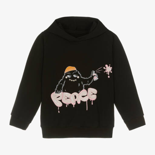 Wauw Capow-Girls Organic Black Monster Hoodie | Childrensalon Outlet