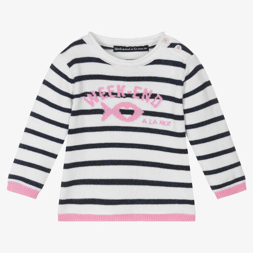 Week-end à la mer-Baby Girls White Cotton Striped Sweater | Childrensalon Outlet