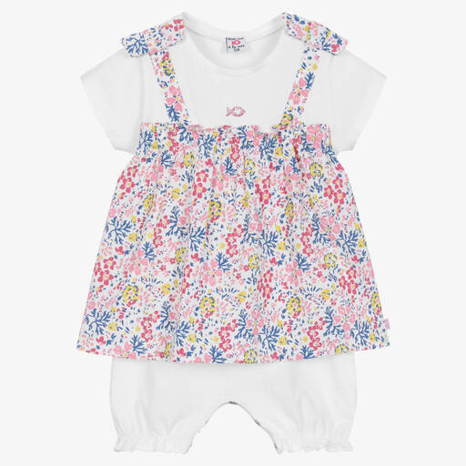 Week-end à la mer-Baby Girls White & Pink Cotton Floral Dress | Childrensalon Outlet