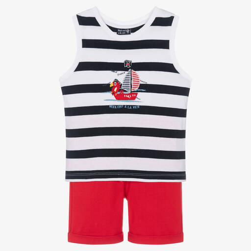 Week-end à la mer-Boys Blue & Red Cotton Shorts Set | Childrensalon Outlet