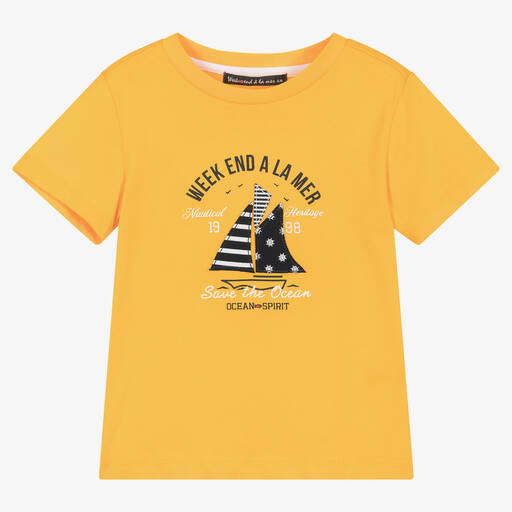 Week-end à la mer-Boys Golden Yellow Cotton Boat T-Shirt | Childrensalon Outlet