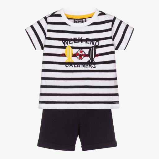 Week-end à la mer-Boys White & Blue Shorts Set  | Childrensalon Outlet