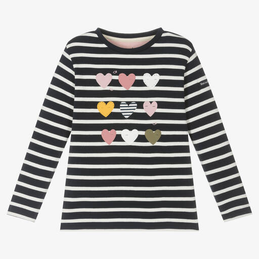 Week-end à la mer-Girls Blue Cotton Breton Stripe Heart Top | Childrensalon Outlet