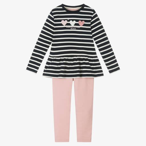 Week-end à la mer-Blaues Streifentop & rosa Leggings | Childrensalon Outlet